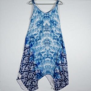 India Boutique Sleeveless Dress Cover Up ONE SIZE White Blue Tie Dye Rhine Stone
